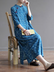 Original Solid Floral Stand Collar Midi Dress