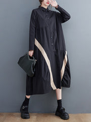 Artistic Retro Loose Long Sleeves Buttoned Contrast Color Striped Split-Joint Lapel Collar Midi Dresses