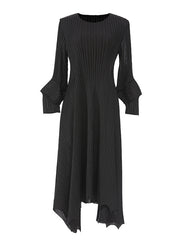 Pleated Solid Color Irregular clipping Loose Round-neck Midi Dresses