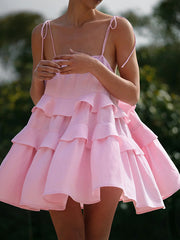 Backless Layered Pleated Solid Color Tied High Waisted Loose Spaghetti-Neck Mini Dresses