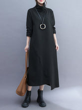 Vintage Irregularity Long Sleeves Solid Color High-Neck Midi Dresses