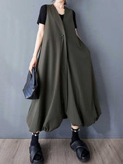 Buttoned Pleated Pockets Solid Color A-Line Loose V-Neck Vest Outerwear Midi Dresses