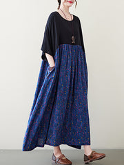Artistic Retro Loose Half Sleeves Floral Printed Contrast Color Pleated Split-Joint Midi Dresses