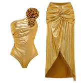 3D Flower Golden Fabric One Piece Swimsuit and Skirt(Shipped on Jan 4th)