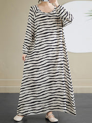 Contrast Color Elasticity Striped A-Line Long Sleeves Round-Neck Maxi Dresses