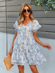 Bohemia Flared Sleeves Floral V-Neck Dress