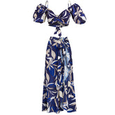 Flaxmaker V Neck Sling Printed Short Sleeve Bikin Swimsuit and Sarong