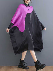 Asymmetric Buttoned Contrast Color Split-Joint Batwing Sleeves Loose Lapel Midi Dresses
