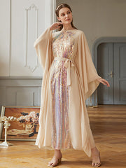 Loose A-Line Lace-Up Embroidered Solid Dress