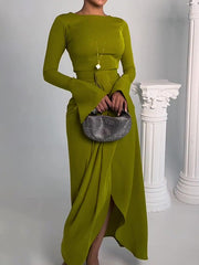 Solid Color Split-Front Bodycon Irregularity Round-Neck Maxi Dresses