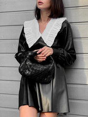 Elasticity Pleated Split-Joint Loose Puff Sleeves Peter Pan Collar Mini Dresses