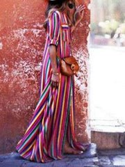 Split-Joint Striped Long Sleeves Loose Lapel Shirt Dress Maxi Dresses