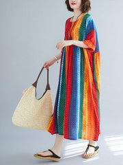 Striped Printed Loose A-Line Round-Neck Dress