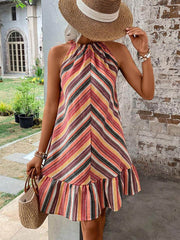 Contrast Color Pleated Split-Joint Striped A-Line Loose Halter-Neck Mini Dresses