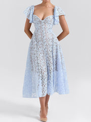 Flower Lace Ruffled Sleeves Elegant Maxi Dresses