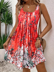 Flower Print Pleated A-Line High Waisted Round-Neck Mini Dresses