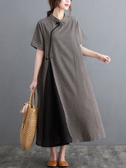 Retro Plaid Short Sleeve Stand Collar Long Cheongsams Dress