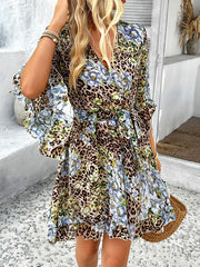 Flower Print Leopard Ruffle Trim Split-Joint Tied Waist Flared Sleeves Half Sleeves V-Neck Mini Dresses