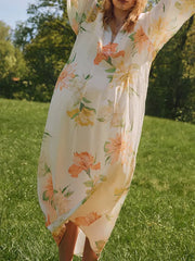 Floral Print Loose Long Sleeves Casual Maxi Dresses