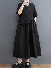 Pleated Solid Color Split-Joint Loose Short Sleeves V-Neck Midi Dresses