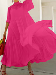 Mesh Pleated Solid Color Split-Joint Loose Plus Size Mock Neck Two Pieces Set Maxi Dresses