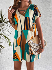 Contrast Color Printed Zipper A-Line Loose V-Neck Mini Dresses