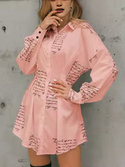 Letter Print Pleated Split-Joint Long Sleeves Loose Lapel Shirt Dress Mini Dresses