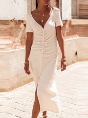 Buttoned Pleated Solid Color Bodycon High Waisted Deep V-Neck Midi Dresses