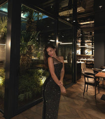 Oblique Shoulder Feathers Bandage Black Maxi Dress Flaxmaker