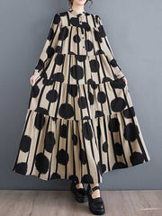Buttoned Pleated Polka-Dot Split-Joint A-Line Long Sleeves Stand Collar Shirt Dress Maxi Dresses