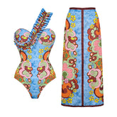 One Shoulder Underwired Printed One Piece Swimsuit and Skirt(Shipped on Jan 11th)