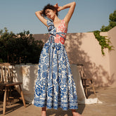 Flaxmaker Red Blue Mixed Floral Print Swimsuit and Cover Up