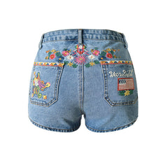 Floral Embroidered High Waist Denim Shorts - Blue