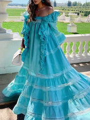 Bohemia Long Sleeves Loose Solid Color U-Neck Maxi Dress