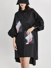 Loose High-Low Irregular Applique Shirt Dress Midi Dress
