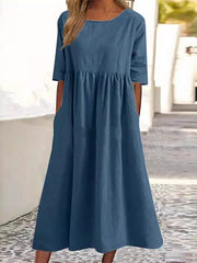 Pleated Pockets Solid Color A-Line Half Sleeves Round-Neck Midi Dresses
