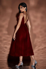 Velour Sling V Neck Midi Puffy Dress