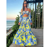Halter Puff sleeve Printed Blue Maxi Dress