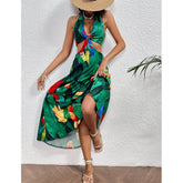 Halter Lace up Printed Midi Dress