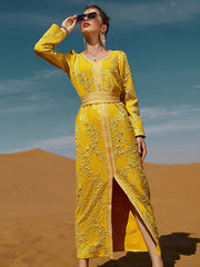 Vacation Loose A-Line Lace-Up Embroidered Solid Color V-Neck Dress