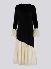 Contrast Color Pleated Split-Joint Flared Sleeves Long Sleeves Round-Neck Midi Dresses