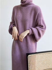 Urban Loose Puff Sleeves Solid Color High-Neck Sweater Dresses