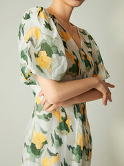 Pleated Printed Loose Puff Sleeves V-Neck Midi Dresses