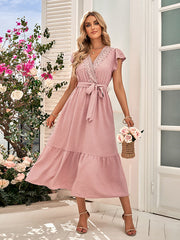 Vacation Sleeveless Loose Lace-Up Solid Color V-Neck Midi Dress