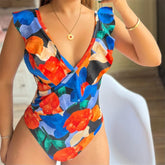 Ruffle V Neck Printed One Piece Swimsuit