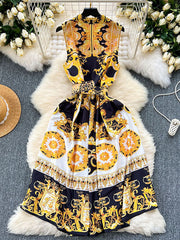 Belt Buckle Buttoned Contrast Color Floral Printed Sleeveless Midi Dresses