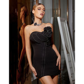 3D Flower Bandeau Bodycon Black Mini Dress Flaxmaker