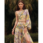 One Shoulder Cut out Floral Printed Dress