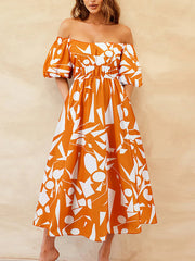 Contrast Color Elasticity Pleated Pockets Printed A-line Espadrilles Off-the-shoulder Midi Dresses