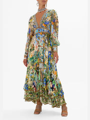 Floral Printed Long Sleeves Ruffled Elegant Maxi Dresses